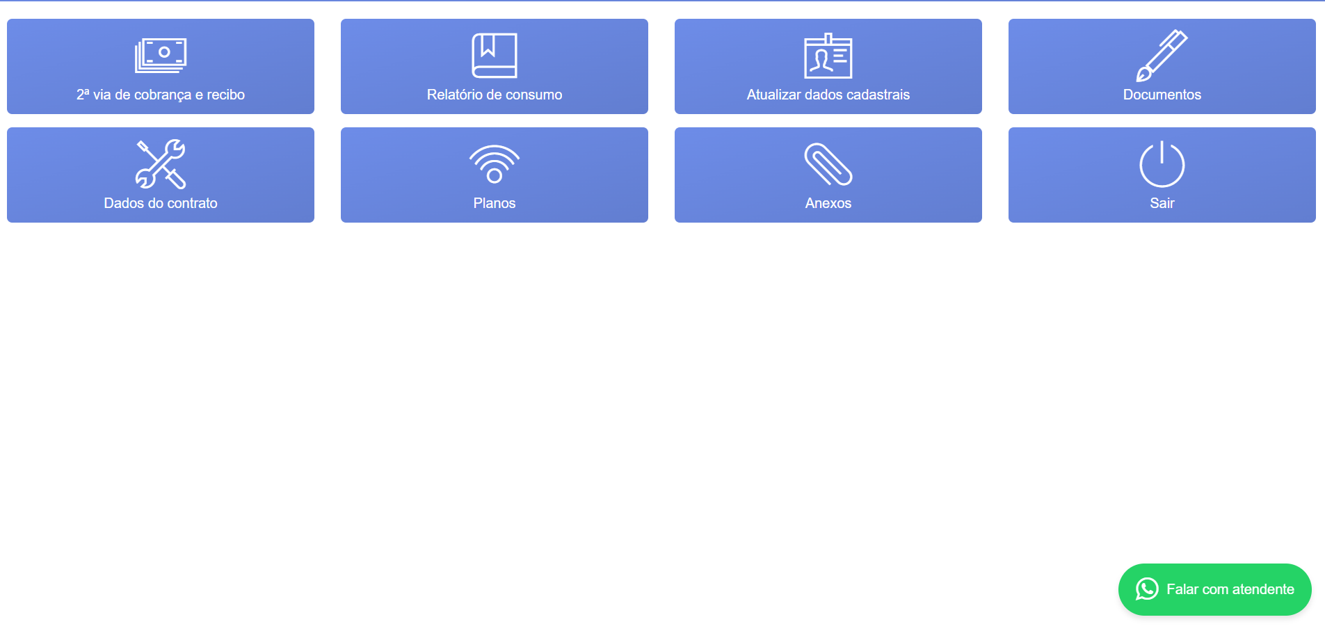 Tela da Central do Cliente AF Telecom com opções de segunda via, relatório de consumo, atualização cadastral, documentos, dados do contrato, planos e anexos